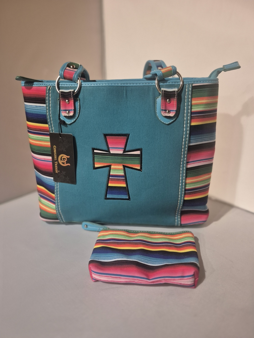 Turquoise Serape Cross Tote Shoulder Bag with Pouch Conceak Carry NWTs Cowgirl